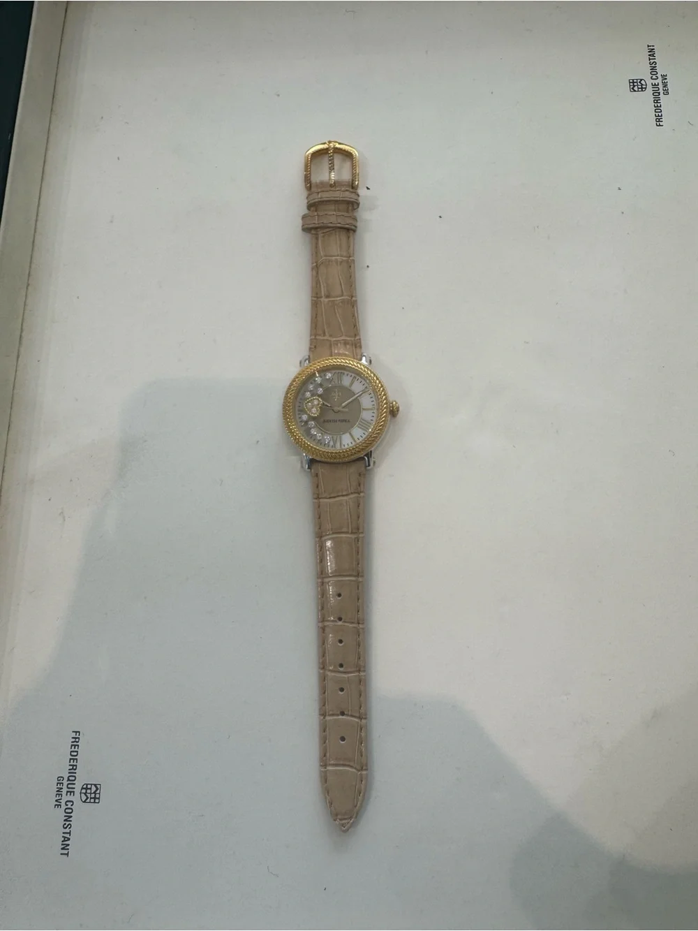 New Judith Ripka Odyssey Watch Floating Crystal Heart Dial Beige Leather Strap